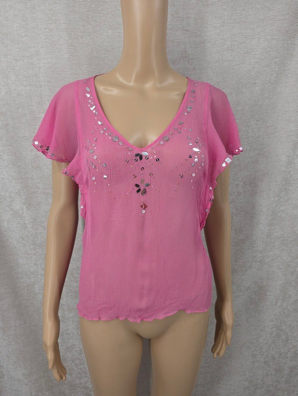 Silk Y2K Sheer Crinkle Chiffon Pink Sequin Embellished V-Neck Women's Top